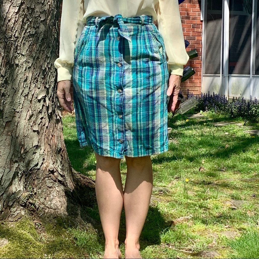 Vtg‎ 80s blue/green plaid madras cloth skirt